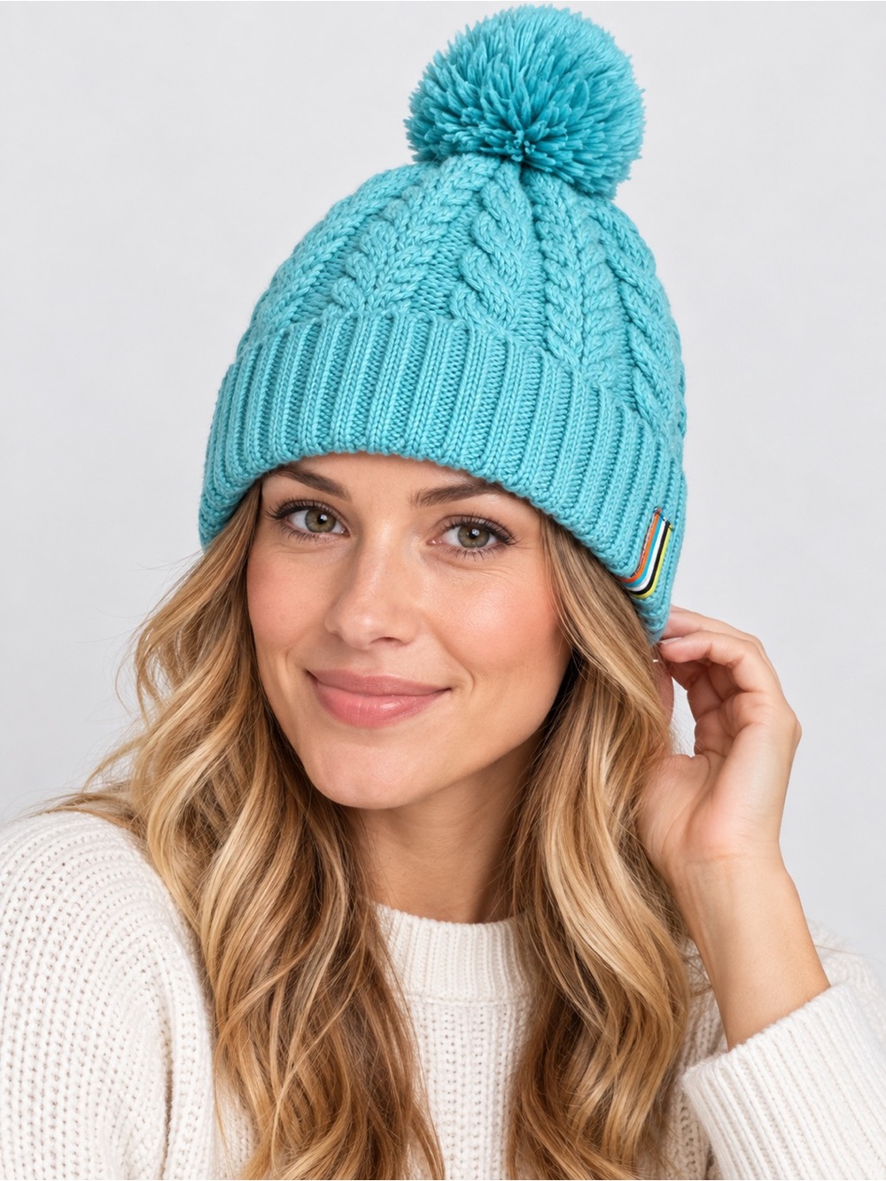 Smartwool Wool Blend Cable Knit Pom Beanie Light Aqua Nile Blue Hat Toboggan Cap